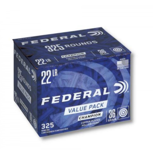 MUNIÇÃO FEDERAL CAL 22 LR 36GR CHAMPION PLATED HP CX 325