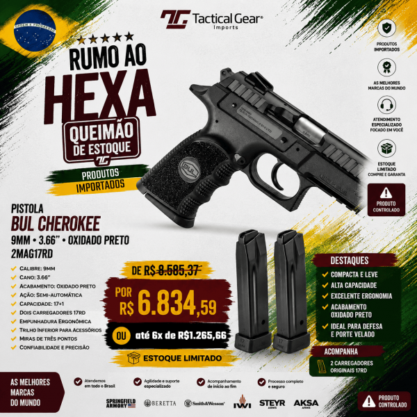 BRW - PISTOLA BUL CHEROKEE COMPACT, 9MM, 3.66", OXIDADO PRETO, 2MAG17RD