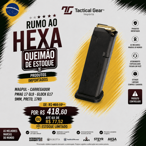 BRW - MAGPUL - CARREGADOR PMAG 17 GL9 - GLOCK G17, 9MM, PRETO, 17RD