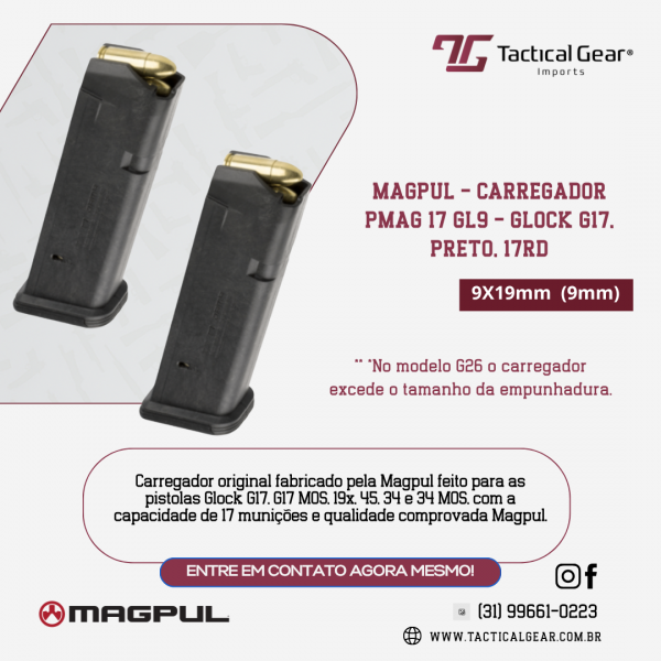 BRW - MAGPUL - CARREGADOR PMAG 17 GL9 - GLOCK G17, 9MM, PRETO, 17RD