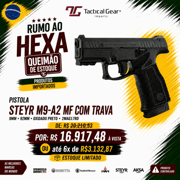 TG - PISTOLA STEYR M9-A2 MF COM TRAVA, 9MM, 92MM, OXIDADO PRETO, 2MAG17RD 