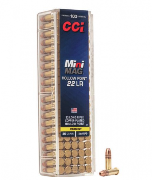 MUNIÇÃO CCI CAL 22 MINI MAG HP COPPER PLATED 36GR LR CX 100 
