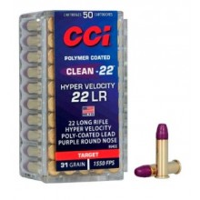 MUNIÇÃO CCI CAL .22 LR CCI HYPERSONIC VELOCITY CLEAN 31GR HP CX 50