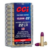 MUNIÇÃO CCI CAL .22 LR CCI HYPERSONIC VELOCITY CLEAN 31GR HP CX 50